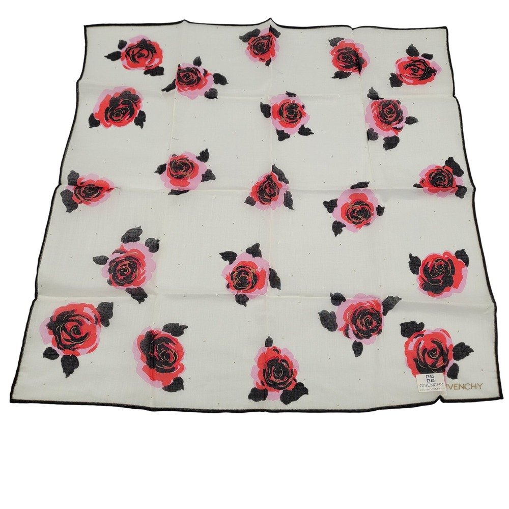 Givenchy Vintage Red Pink Rose Floral Cotton Handkerchief Scarf Made in Japan